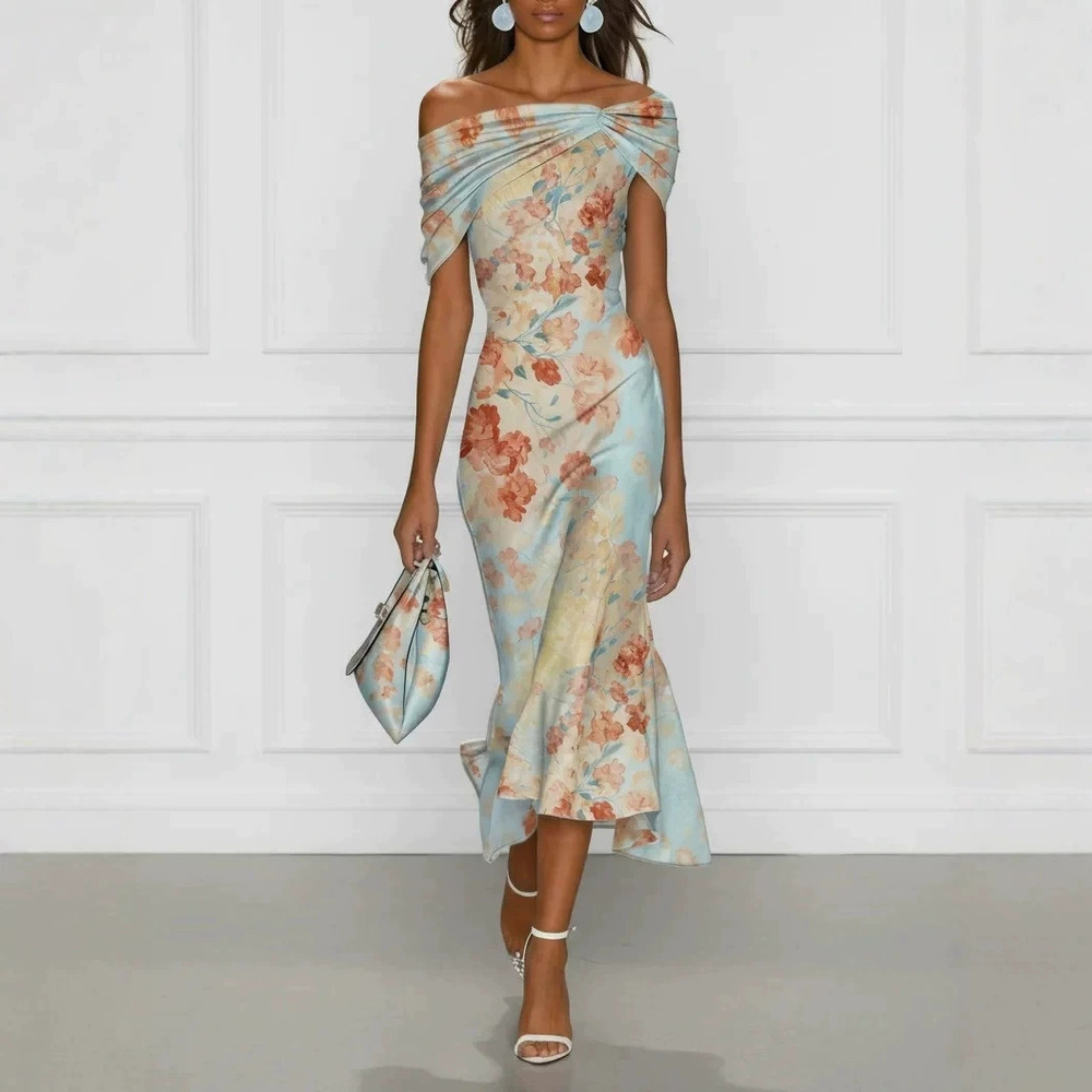 Forever 21 Digital Print Off-Shoulder Short-Sleeve Floral Long Dress